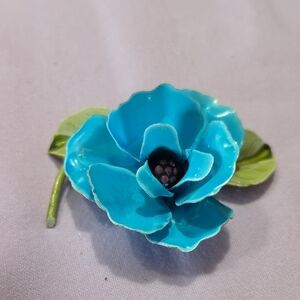 Turquoise Enamel Flower Brooch with Green Leaves